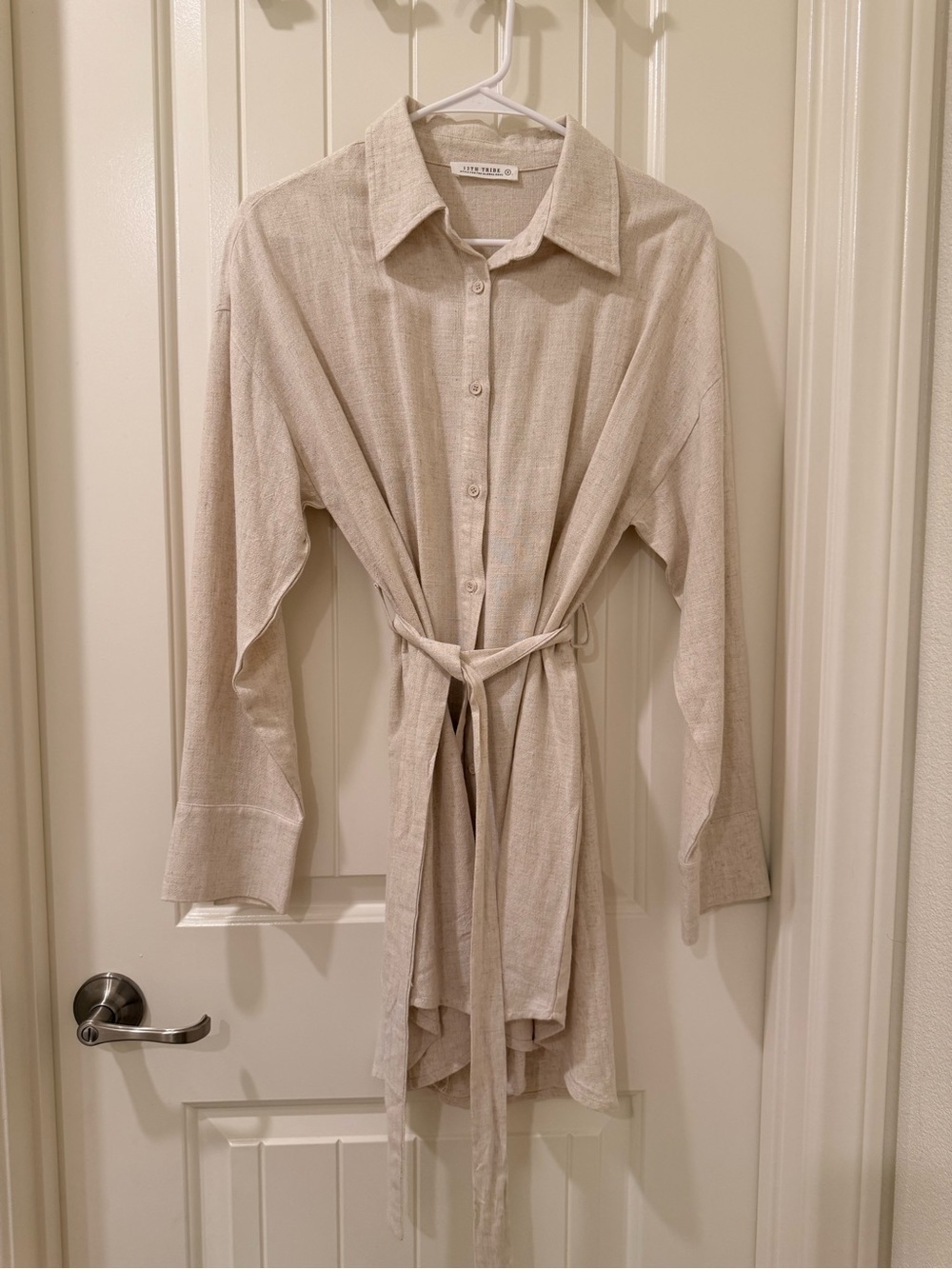 12th Tribe Beige-Cream Button Front Tie-Waist Long Sleeve Dress